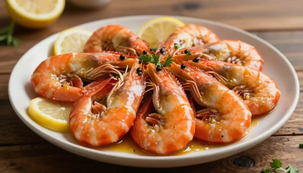 A beautifully arranged plate featuring colossal shrimp, each glistening with a rich garlic butter sauce. The shrimp are large and plump, their vibrant orange and pink hues contrasting against a bed of fresh herbs and lemon slices that add a pop of green and yellow. In the foreground, focus on the texture of the shrimp, showcasing their succulent, juicy appearance. The middle of the scene is highlighted by a soft reflection of light that enhances the glistening butter. In the background, a softly blurred setting of a rustic wooden table complements the dish, creating a warm and inviting atmosphere. The overall lighting is warm and inviting, evoking a sense of comfort and gourmet dining. The angle captures the plate from a slightly elevated perspective, making the dish the focal point of the image. A beautifully arranged plate featuring colossal shrimp, each glistening with a rich garlic butter sauce. The shrimp are large and plump, their vibrant orange and pink hues contrasting against a bed of fresh herbs and lemon slices that add a pop of green and yellow. In the foreground, focus on the texture of the shrimp, showcasing their succulent, juicy appearance. The middle of the scene is highlighted by a soft reflection of light that enhances the glistening butter. In the background, a softly blurred setting of a rustic wooden table complements the dish, creating a warm and inviting atmosphere. The overall lighting is warm and inviting, evoking a sense of comfort and gourmet dining. The angle captures the plate from a slightly elevated perspective, making the dish the focal point of the image.