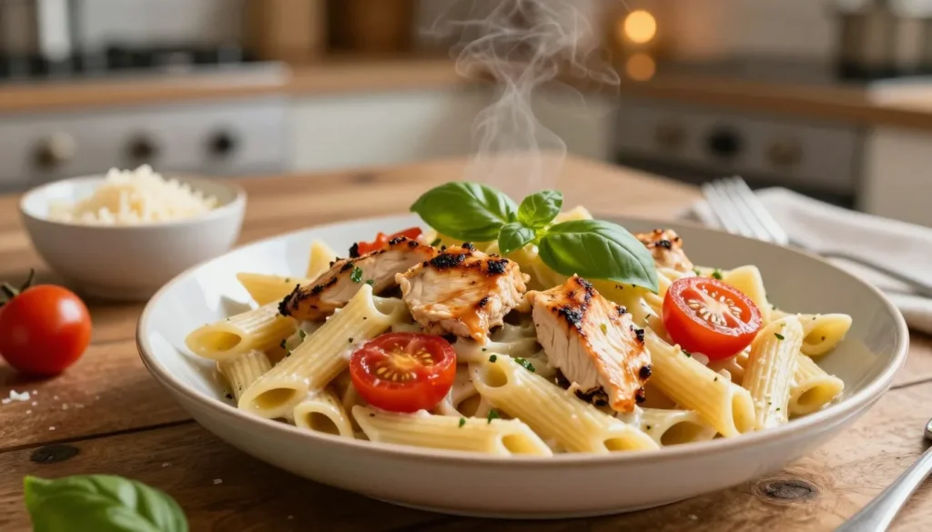 A beautifully arranged plate of chicken penne pasta, featuring al dente penne noodles coated in a creamy, rich sauce, accompanied by tender pieces of grilled chicken, vibrant cherry tomatoes, and fresh basil leaves for garnish. The foreground highlights the steaming bowl, showcasing the textures of the pasta and vegetables. In the middle ground, a rustic wooden table enhances the dish's inviting nature, alongside a small bowl of grated parmesan cheese. In the background, a softly blurred kitchen setting with warm, ambient lighting creates a cozy atmosphere. The angle is slightly overhead, capturing the dish in a way that emphasizes its enticing colors and presentation, evoking a sense of comfort and culinary excellence. A beautifully arranged plate of chicken penne pasta, featuring al dente penne noodles coated in a creamy, rich sauce, accompanied by tender pieces of grilled chicken, vibrant cherry tomatoes, and fresh basil leaves for garnish. The foreground highlights the steaming bowl, showcasing the textures of the pasta and vegetables. In the middle ground, a rustic wooden table enhances the dish's inviting nature, alongside a small bowl of grated parmesan cheese. In the background, a softly blurred kitchen setting with warm, ambient lighting creates a cozy atmosphere. The angle is slightly overhead, capturing the dish in a way that emphasizes its enticing colors and presentation, evoking a sense of comfort and culinary excellence.