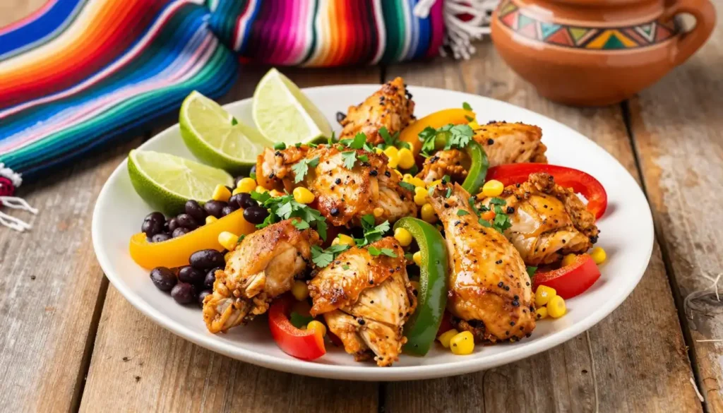 A beautifully arranged plate of fiesta chicken, showcasing juicy, golden-brown chicken pieces garnished with vibrant chopped cilantro and lime wedges. The dish is bursting with colorful ingredients, including bell peppers in red, yellow, and green, with a sprinkle of black beans and corn; all artfully arranged to highlight a one-pan meal aesthetic. In the background, a rustic wooden table adds warmth to the scene, decorated with a woven Mexican blanket and traditional pottery. Soft, natural lighting creates a cozy atmosphere, emphasizing the freshness of the dish. The camera angle is slightly above, providing a tempting overhead view that invites the viewer to savor this family-friendly, Mexican-inspired dinner. A beautifully arranged plate of fiesta chicken, showcasing juicy, golden-brown chicken pieces garnished with vibrant chopped cilantro and lime wedges. The dish is bursting with colorful ingredients, including bell peppers in red, yellow, and green, with a sprinkle of black beans and corn; all artfully arranged to highlight a one-pan meal aesthetic. In the background, a rustic wooden table adds warmth to the scene, decorated with a woven Mexican blanket and traditional pottery. Soft, natural lighting creates a cozy atmosphere, emphasizing the freshness of the dish. The camera angle is slightly above, providing a tempting overhead view that invites the viewer to savor this family-friendly, Mexican-inspired dinner.