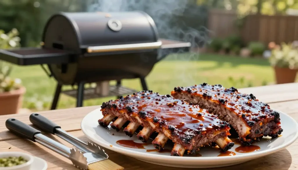 A beautifully arranged plate of succulent smoked beef ribs, glistening with a rich barbecue glaze. The ribs are perfectly caramelized, revealing hints of smoky flavor and spices. In the foreground, a set of grilling tools, including tongs and a basting brush, rest beside the freshly grilled beef. The middle ground features a sleek, modern pellet grill with smoke gently wafting around it, showcasing its versatility and functionality. The background displays a sunlit backyard, with green grass and trees providing a relaxing atmosphere. Soft, warm lighting highlights the texture of the ribs and glistening sauce, creating an inviting mood that evokes the essence of summer BBQ gatherings.