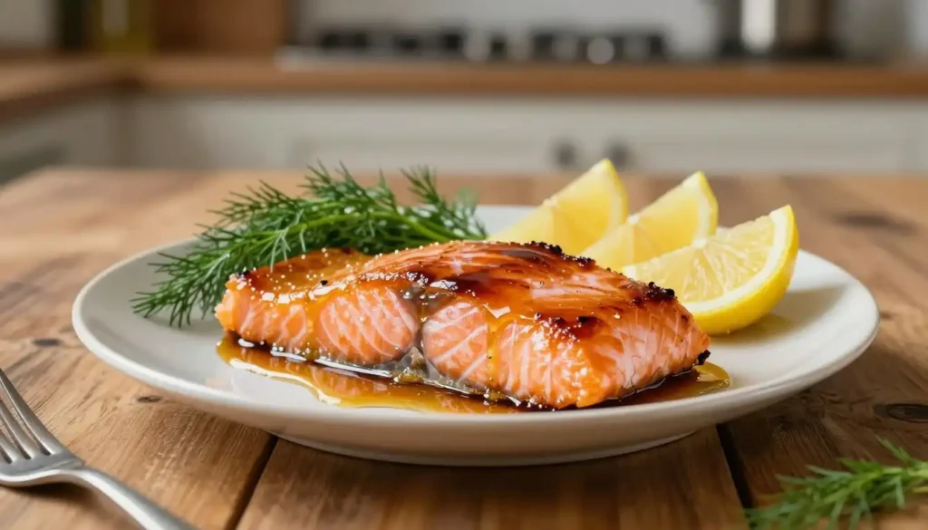 A beautifully plated dish of maple syrup candied smoked salmon, artfully arranged on a rustic wooden table. In the foreground, succulent pieces of salmon glisten with a glossy maple glaze, showcasing hints of caramelization and a rich, smoky hue. Surrounding the salmon are vibrant garnishes, such as sprigs of fresh dill and thinly sliced lemon wedges that add a pop of color. In the middle ground, reflection of soft, warm light highlights the dish's textures and flavors, enhancing the overall appetizing presentation. The background features blurred kitchen elements, creating an inviting, home-cooked atmosphere. This scene captures a cozy, gourmet feel, evoking the sweetness and depth of flavor that makes this candied salmon irresistible. Shot with a shallow depth of field, the focus remains sharply on the salmon, inviting the viewer to savor the moment.