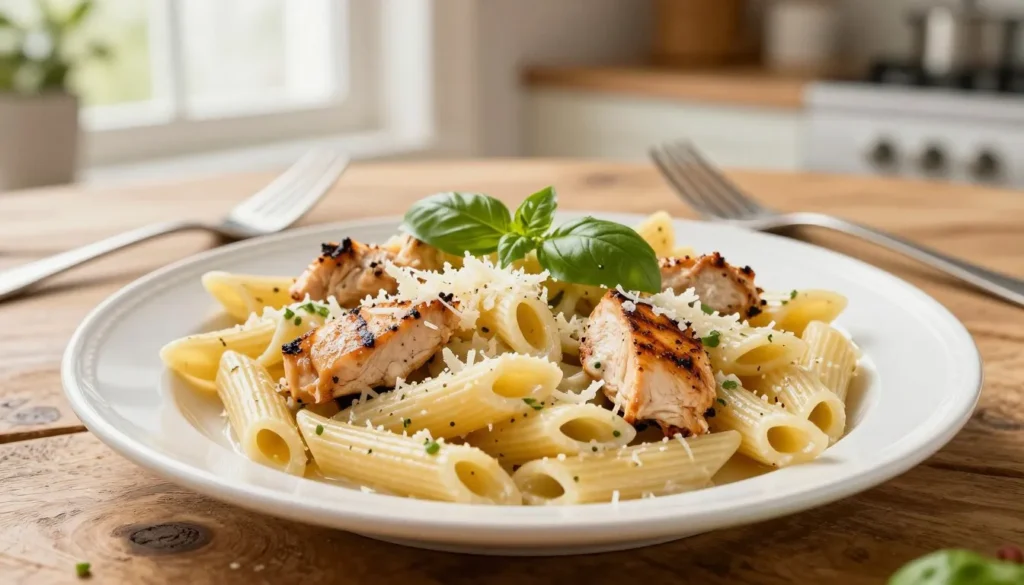 A beautifully presented plate of chicken penne pasta, featuring tender chunks of grilled chicken mingled with perfectly cooked penne pasta, tossed in a creamy garlic sauce. The dish is garnished with fresh basil and grated Parmesan cheese, creating a vibrant, inviting look. In the foreground, focus on the pasta, enhancing its glossy textures and appetizing colors. The middle ground includes a rustic wooden table setting, with a fork playfully resting beside the plate. In the background, soft, warm natural lighting filters through an open kitchen window, casting a gentle glow over the scene. The atmosphere is welcoming and homely, inviting the viewer to savor the delightful essence of this dish. The shot is taken from a slightly elevated angle, emphasizing the depth and arrangement of the ingredients on the plate. A beautifully presented plate of chicken penne pasta, featuring tender chunks of grilled chicken mingled with perfectly cooked penne pasta, tossed in a creamy garlic sauce. The dish is garnished with fresh basil and grated Parmesan cheese, creating a vibrant, inviting look. In the foreground, focus on the pasta, enhancing its glossy textures and appetizing colors. The middle ground includes a rustic wooden table setting, with a fork playfully resting beside the plate. In the background, soft, warm natural lighting filters through an open kitchen window, casting a gentle glow over the scene. The atmosphere is welcoming and homely, inviting the viewer to savor the delightful essence of this dish. The shot is taken from a slightly elevated angle, emphasizing the depth and arrangement of the ingredients on the plate.