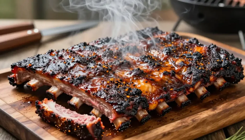 A close-up view of smoked beef back ribs resting on a rustic wooden platter, the ribs glistening with a rich, dark bark from the smoker. Each rib is generously coated in a savory spice rub, the meat tender and juicy, with hints of caramelization on the edges. The foreground captures the details of the ribs, with a few slices revealing the succulent pink interior. In the middle, a faint haze from the smoke adds depth and a warm, inviting glow. Background elements include blurred barbecue tools and a subtle glimpse of a smoky grill, suggesting an outdoor cooking atmosphere. Soft natural lighting enhances the colors and textures, creating a warm and appetizing mood, perfect for showcasing the deliciousness of smoked beef ribs.