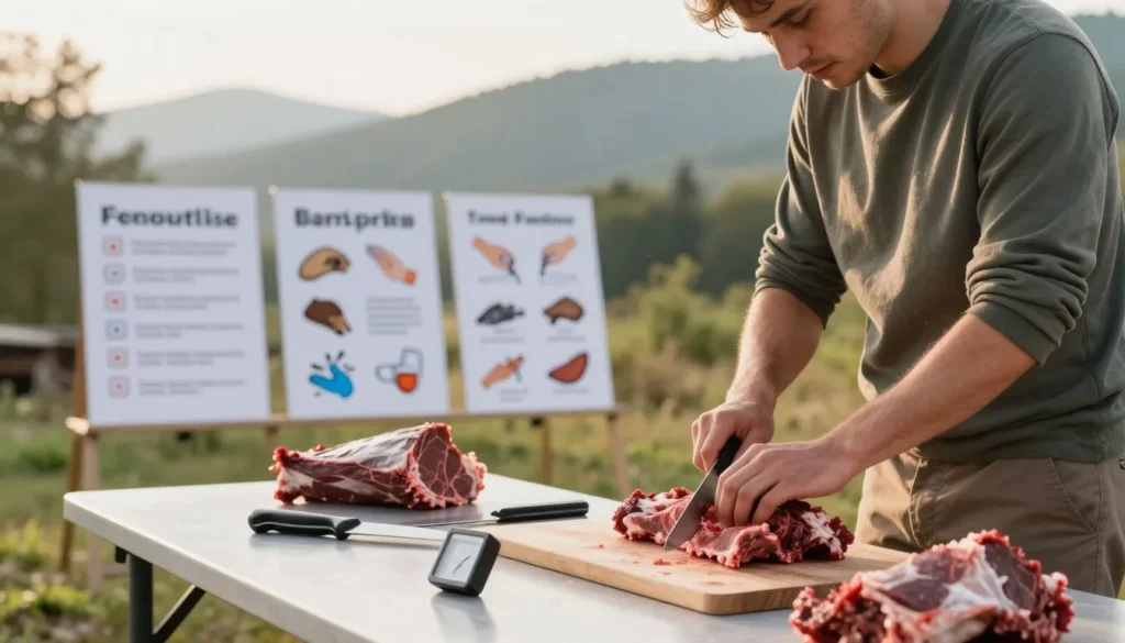 A detailed and informative scene depicting the safe processing of bear meat. In the foreground, a clean, well-organized processing table with various tools such as a sharp knife, cutting board, and meat thermometer. A professional wearing modest casual clothing stands attentively, demonstrating proper cutting techniques on freshly harvested bear meat. In the middle ground, an array of neatly arranged food safety tips is visually indicated through symbols or icons, such as a checklist or handwashing signs, without text. The background shows a natural outdoor setting with trees and mountains, softly illuminated by warm afternoon sunlight, creating a calm and educational atmosphere. The focus is sharp, inviting viewers to learn about safe practices in wild game processing. A detailed and informative scene depicting the safe processing of bear meat. In the foreground, a clean, well-organized processing table with various tools such as a sharp knife, cutting board, and meat thermometer. A professional wearing modest casual clothing stands attentively, demonstrating proper cutting techniques on freshly harvested bear meat. In the middle ground, an array of neatly arranged food safety tips is visually indicated through symbols or icons, such as a checklist or handwashing signs, without text. The background shows a natural outdoor setting with trees and mountains, softly illuminated by warm afternoon sunlight, creating a calm and educational atmosphere. The focus is sharp, inviting viewers to learn about safe practices in wild game processing.