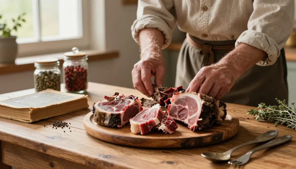 A rustic kitchen setting, foreground showcasing a beautifully arranged wooden table with traditional bear meat cuts artfully displayed on a handcrafted wooden platter. In the background, an elder person (dressed in modest, casual clothing) is preparing to cook, casting a warm, inviting atmosphere. The middle ground features jars of spices and herbs common in historical bear meat recipes, alongside a vintage cookbook partially open. Soft, natural lighting streams through a window, highlighting the textures of the meat and surrounding ingredients. Surrounding elements like dried herbs and rustic utensils add historical context. The overall mood is one of warmth, nostalgia, and respect for culinary tradition, capturing the essence of embracing history in cooking. A rustic kitchen setting, foreground showcasing a beautifully arranged wooden table with traditional bear meat cuts artfully displayed on a handcrafted wooden platter. In the background, an elder person (dressed in modest, casual clothing) is preparing to cook, casting a warm, inviting atmosphere. The middle ground features jars of spices and herbs common in historical bear meat recipes, alongside a vintage cookbook partially open. Soft, natural lighting streams through a window, highlighting the textures of the meat and surrounding ingredients. Surrounding elements like dried herbs and rustic utensils add historical context. The overall mood is one of warmth, nostalgia, and respect for culinary tradition, capturing the essence of embracing history in cooking.