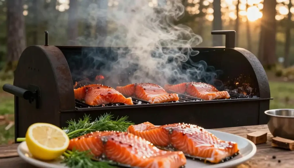 A rustic outdoor setting showcasing a traditional smoker filled with salmon fillets, glistening with a candied glaze. In the foreground, focus on a beautifully arranged platter of salmon, with herbs like dill and sprigs of lemon for garnish. The middle layer features the smoker, emitting a gentle wisp of smoke, while a few wood chips are scattered nearby to illustrate the smoking process. In the background, a backdrop of tall trees under soft golden sunlight creates a warm, inviting atmosphere. The image is captured from a slightly elevated angle, emphasizing the preparation and the inviting, delicious aroma of smoked salmon wafting through the air. The overall feel is cozy and homely, inviting viewers to engage with the process.
