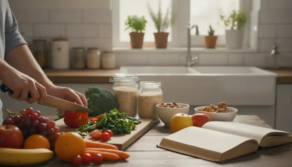 A serene kitchen setting bathed in soft, natural light, featuring an array of vibrant, fresh fruits and vegetables arranged artfully on a wooden table. In the foreground, a close-up of hands preparing a nourishing salad, skillfully slicing colorful bell peppers, leafy greens, and cherry tomatoes. In the middle ground, a backdrop of whole grains in jars, nuts in a bowl, and a rustic cookbook open to a page titled "Nutrition Basics." The background showcases a warm, inviting kitchen with herbs growing on the windowsill and sun rays streaming in. The atmosphere is calm and healthy, evoking a sense of well-being and balance, perfect for illustrating the importance of nutrition in maintaining overall health. The image is composed with a shallow depth of field to draw focus on the preparation, creating an engaging and informative visual.