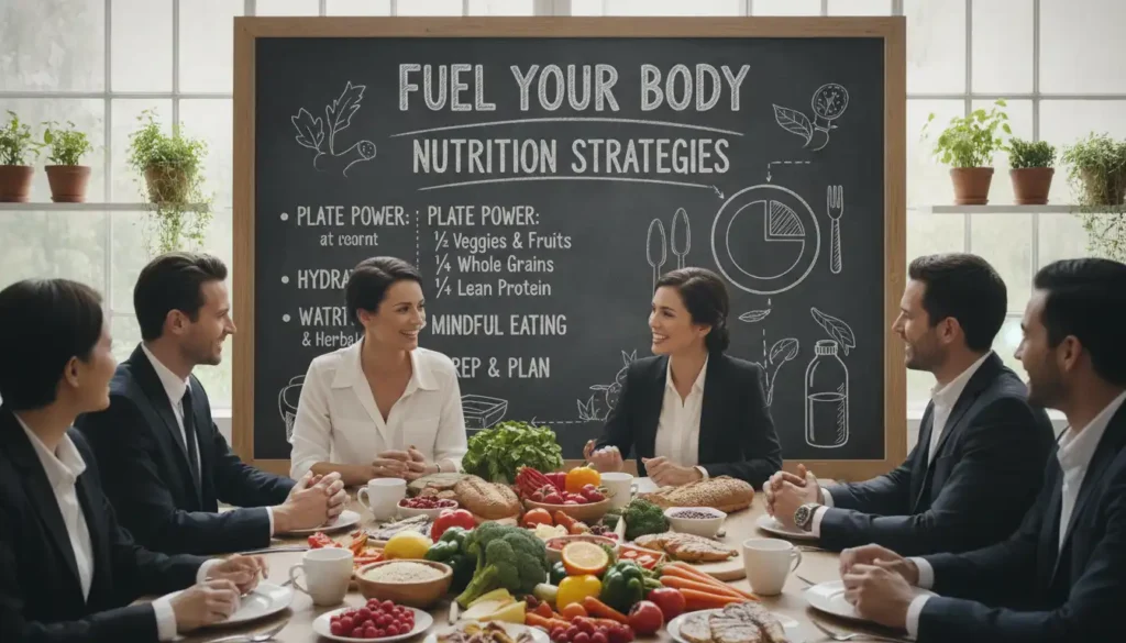 A vibrant and informative scene centered around healthy nutrition strategies. In the foreground, a diverse group of individuals, dressed in professional attire, are engaged in a lively discussion over a beautifully arranged table filled with colorful fruits, vegetables, whole grains, and lean proteins, representing balanced eating. In the middle ground, a large chalkboard displays key nutritional tips and strategies illustrated through diagrams and bullet points. The background features a sunlit kitchen with large windows, enhancing the warmth and inviting atmosphere, while potted plants add a touch of freshness. Soft natural lighting creates a positive and uplifting mood, emphasizing health and well-being. The composition captures the essence of collaboration and learning in nutrition.