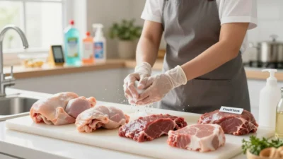 A well-lit kitchen setting with a focused foreground featuring a clean cutting board and various raw meats neatly arranged, including chicken, beef, and pork, each labeled clearly for safety. In the middle ground, a person wearing a professional apron and gloves is washing their hands thoroughly at a sink with soap bubbles and a hand detergent bottle visible. Bright, natural light shines through a window, creating a warm and inviting atmosphere. In the background, shelves neatly stocked with food safety items such as thermometers and sanitizing wipes enhance the theme of foodborne illness prevention. The overall mood is educational and encouraging, conveying a sense of responsibility and safety in food handling practices.