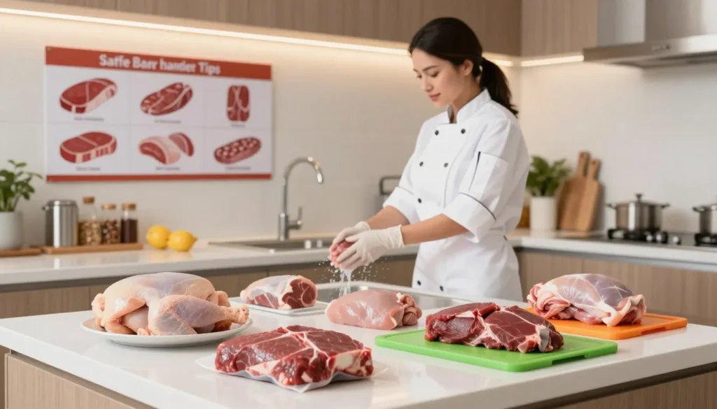 A well-organized kitchen setting highlighting safe meat handling tips for food safety. In the foreground, a clean countertop displays various raw meats, including chicken, beef, and pork, all properly packaged. A set of colored cutting boards indicates cross-contamination prevention. In the middle, a woman dressed in a white chef's coat and gloves demonstrates proper handwashing techniques at a sink, showcasing safe food preparation practices. Behind her, a wall-mounted chart depicts visually engaging infographics of safe meat temperatures and storage tips. The room is brightly lit with warm overhead lighting, creating a welcoming atmosphere. The angle is slightly elevated, capturing both the kitchen's tidy organization and the focus on safe meat handling, ensuring a professional yet friendly mood.