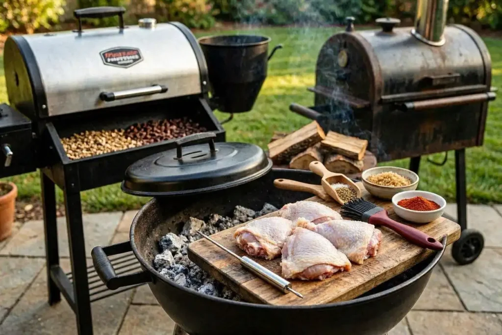 Equipment and ingredients for smoked chicken thighs pellet grill or smoker, thermometer, basting brush, wood, chicken thighs, dry rub, BBQ sauce, and apple cider vinegar or juice.
