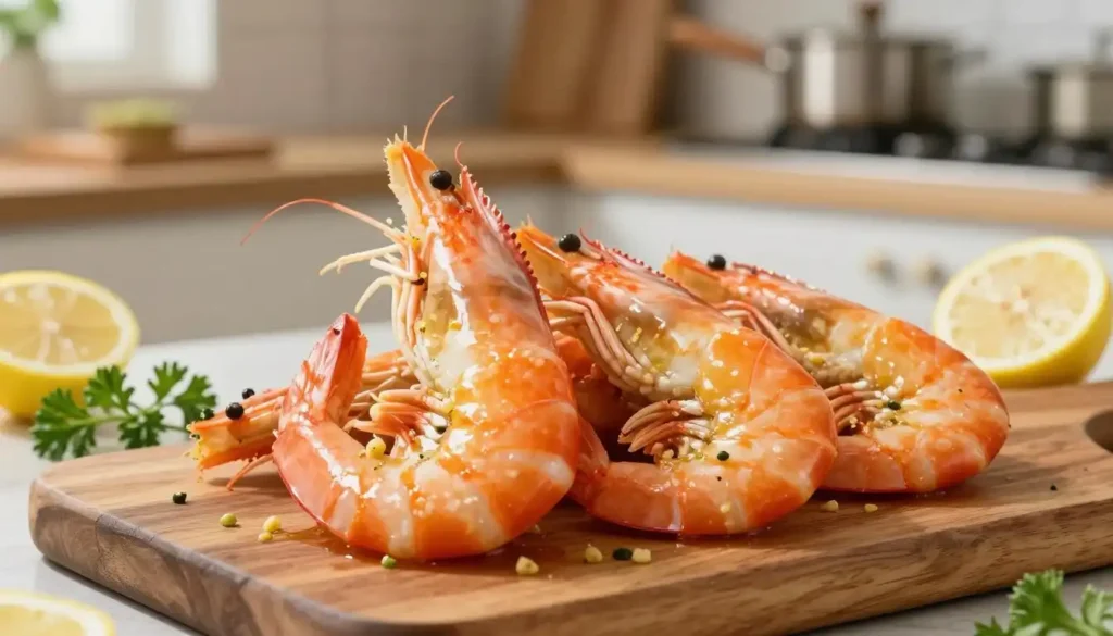 In a well-lit kitchen setting, a colossal shrimp and a jumbo shrimp are prominently displayed side by side on a rustic wooden cutting board. The colossal shrimp, glistening in a rich garlic butter sauce, measures significantly larger than the jumbo shrimp, which is lightly seasoned beside it. The foreground highlights the shrimp’s intricate details, showcasing their textures and colors. In the middle ground, fresh herbs and lemon slices are artfully arranged, enhancing the culinary atmosphere. The background reveals softly blurred kitchen elements, like pots and utensils, lending warmth to the scene. The overall mood is inviting and appetizing, with natural light streaming in to create a bright, cheerful ambiance that emphasizes the deliciousness of shrimp. In a well-lit kitchen setting, a colossal shrimp and a jumbo shrimp are prominently displayed side by side on a rustic wooden cutting board. The colossal shrimp, glistening in a rich garlic butter sauce, measures significantly larger than the jumbo shrimp, which is lightly seasoned beside it. The foreground highlights the shrimp’s intricate details, showcasing their textures and colors. In the middle ground, fresh herbs and lemon slices are artfully arranged, enhancing the culinary atmosphere. The background reveals softly blurred kitchen elements, like pots and utensils, lending warmth to the scene. The overall mood is inviting and appetizing, with natural light streaming in to create a bright, cheerful ambiance that emphasizes the deliciousness of shrimp.