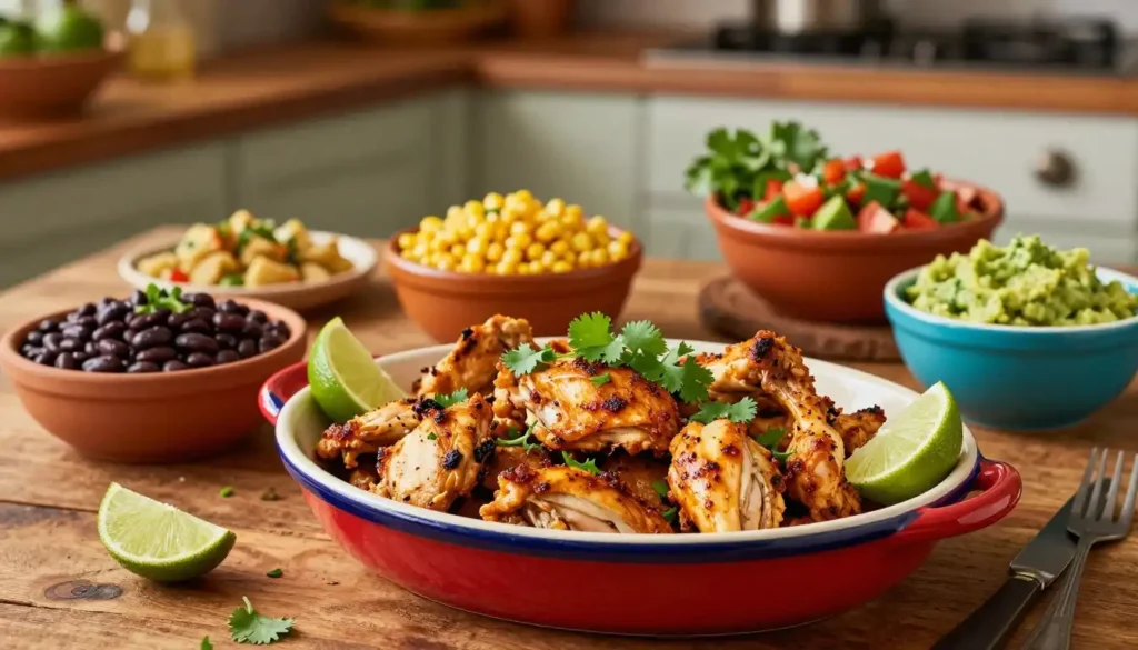 Vibrant and inviting scene of an easy Fiesta Chicken recipe beautifully presented on a rustic wooden table. In the foreground, a colorful serving dish filled with golden-brown chicken pieces, garnished with fresh cilantro and lime wedges. Surrounding the dish, there are bowls of colorful sides like black beans, corn salsa, and guacamole, emphasizing the Mexican-inspired theme. In the middle ground, soft, warm lighting casts a cozy glow, enhancing the rich colors of the food. In the background, a blurred kitchen setting with herbs and spices visible, creating an inviting atmosphere. The angle is a slight overhead shot to capture the full spread, evoking a sense of family gathering and enjoyment around mealtime. The overall mood is cheerful and appetizing, perfect for family-friendly dining. Vibrant and inviting scene of an easy Fiesta Chicken recipe beautifully presented on a rustic wooden table. In the foreground, a colorful serving dish filled with golden-brown chicken pieces, garnished with fresh cilantro and lime wedges. Surrounding the dish, there are bowls of colorful sides like black beans, corn salsa, and guacamole, emphasizing the Mexican-inspired theme. In the middle ground, soft, warm lighting casts a cozy glow, enhancing the rich colors of the food. In the background, a blurred kitchen setting with herbs and spices visible, creating an inviting atmosphere. The angle is a slight overhead shot to capture the full spread, evoking a sense of family gathering and enjoyment around mealtime. The overall mood is cheerful and appetizing, perfect for family-friendly dining.